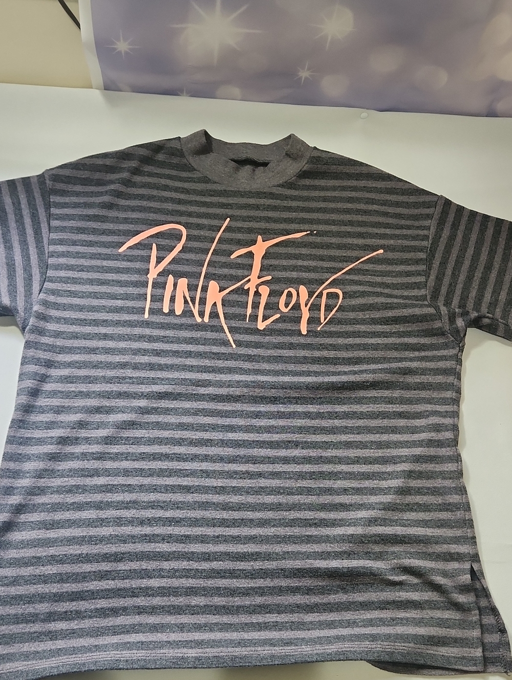 Pink Floyd Gray Striped Short Sleeve Tee with Pink Script